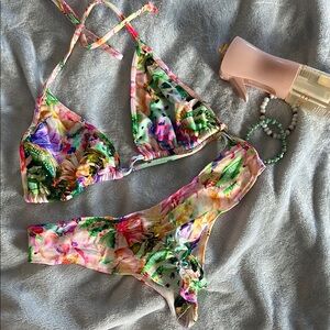 Pink and Green Floral Bikini Set with Triangle Top-cheeky